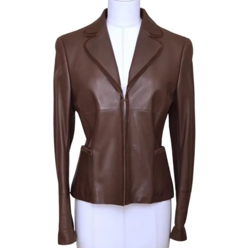 AKRIS Jacket Blazer Coat Leather Brown Suede Long Sleeve Collar Pocket F 38 US 6